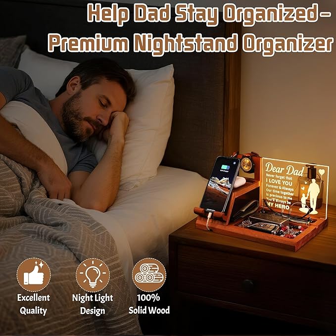 Attivolife Dad Gifts Idea LED Phone Docking Station Desk Organizer Cell Phone Stand with Night Light Best Dad Ever Gift for Father's Day Key Holder Stand for Wallet Watch Essentials