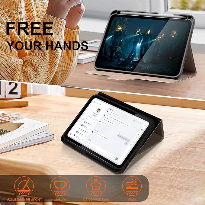 for iPad mini 7 (A17 Pro) 2024 iPad mini 6th Generation 2021 with Pencil HolderSmart Leather Cover with Buckle Protective Auto Wake/Sleep Adjustable Stand Multiple View Angles Black