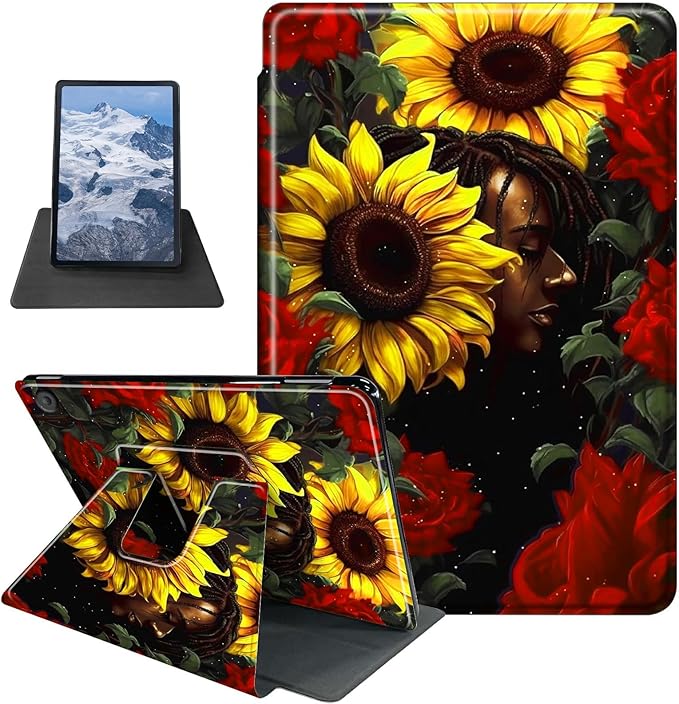 Case for Kindle Fire HD 8 &amp Fire HD 8 Plus Tablet (12th /10th Generation 2024/2022/2020 Release) Sunflower Theme 360 Degree Rotating Stand Protective Cover with Auto Sleep/Wake
