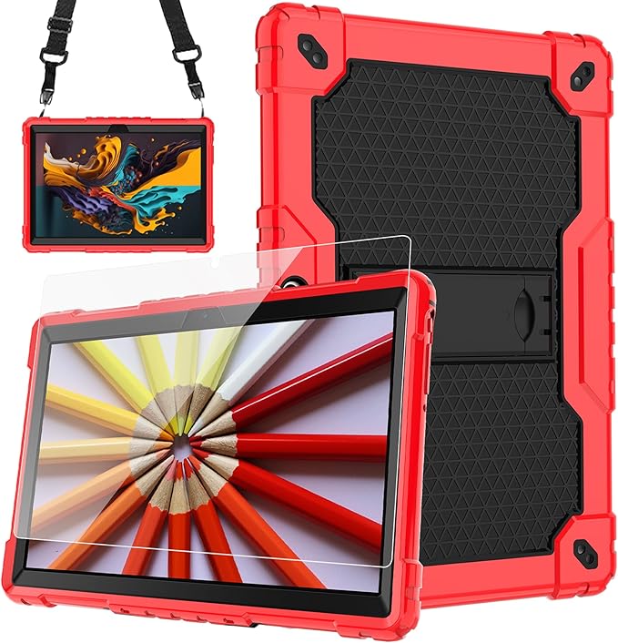 for Vankyo MatrixPad S10 Tab Case YQSAVIOR CUPEISI Coopers YQ10S VIVIMAGE A10 A38 BYANDBY BYYQ10S 10.1 Case Built in Kickstand Shoulder Strap Shell with Screen Protector (Red+Black/1 Pcs)