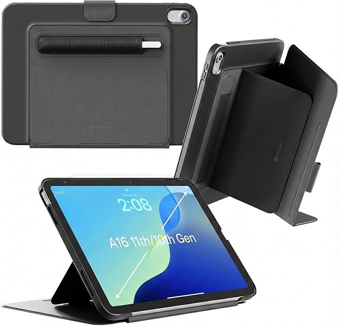 Proper iPad Case 10th &amp 11th Generation (A16) with Dual Pencil Holder - Secure Pouch + Magnetic Side - 10.9 Inch Folio Cover Multi-Angle Portrait Stand &amp Fridge Mount