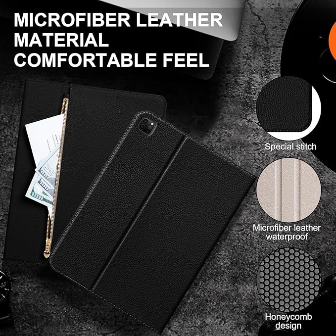 Premium Microfiber Leather Case for iPad Pro 12.9 (2018-2022 6th/5th/4th/3rd Gen) | Black with Zippered Pocket Buckle Pencil Holder Auto Wake/Sleep Multi StandBalck