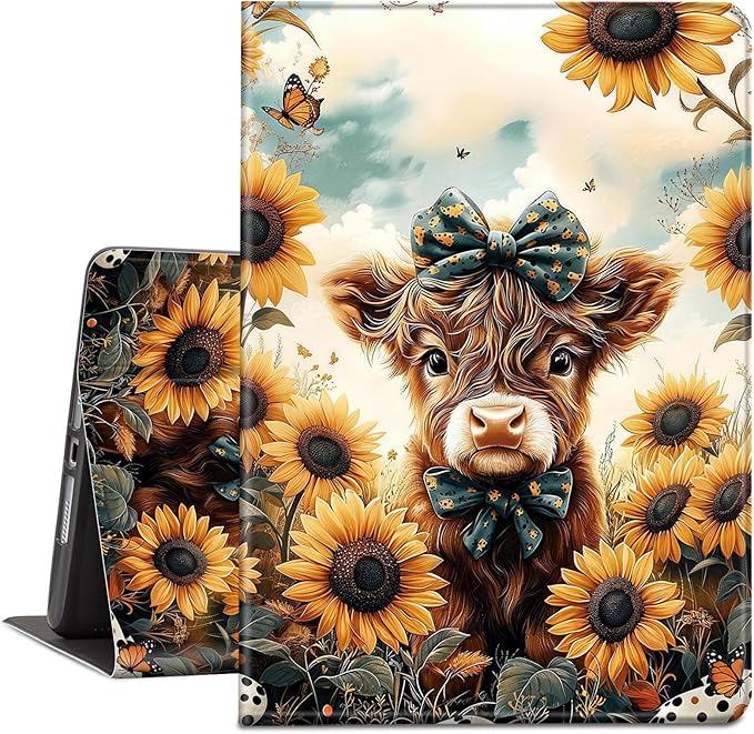 Case for Amazon Kindle Fire HD 10 and Fire HD 10 Plus 10.1 Tablet Case (13th/11th Generation 2023/2021 Release) Slim Fit PU Leather Cover with Auto Sleep/Wake - Highland Cow Sunflowers