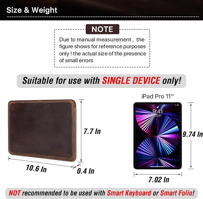 Top Grain Leather 11 Sleeve Slim Protector Case for Tablet Solid Vintage Design Fully Handmade Compatible with 10.5/10.9/11 iPad Pro/Air 10.2 iPad 7th/8th/9th Gen Coffee 11 Inch