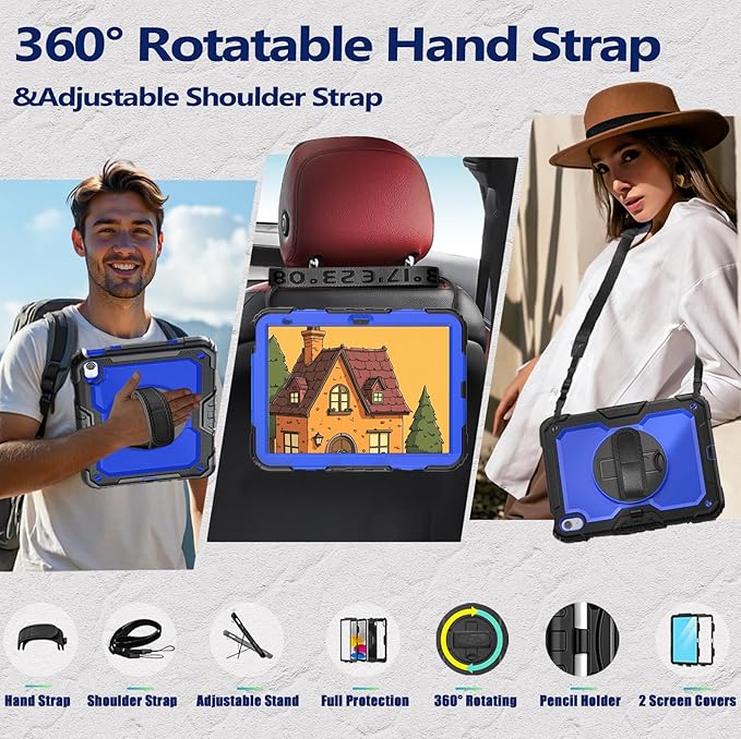 Weuiean Case for iPad A16 11th/10th Generation 11/10.9 Military-Grade Heavy-Duty Shockproof Cover with 360° Rotating Stand Built-in Pencil Holder &amp Adjustable Hand/Shoulder Strap - Blue+Black