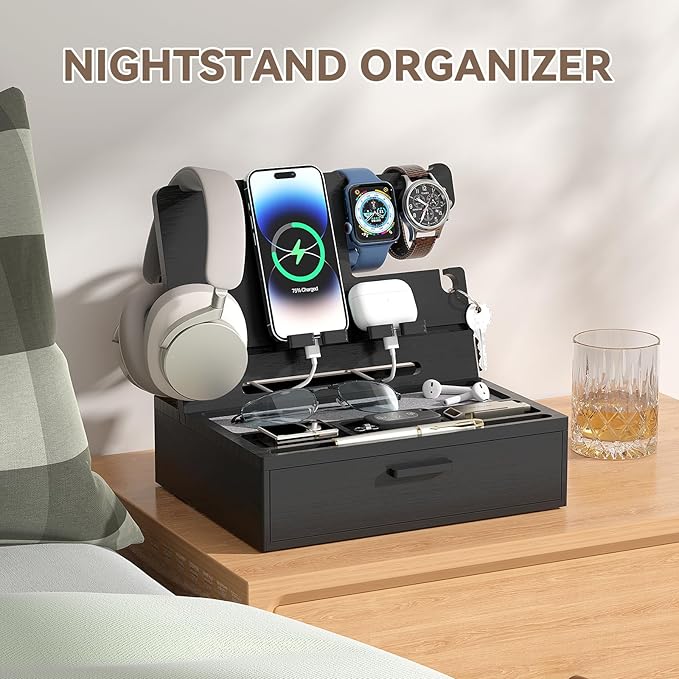 Pezin &amp Hulin Wooden Charging Station Bedside Nightstand Tray with Spacious Drawer Felt Pads for Phones Watch Idea Gifts for Him Birthday Son Christmas for Papa Fathers Day