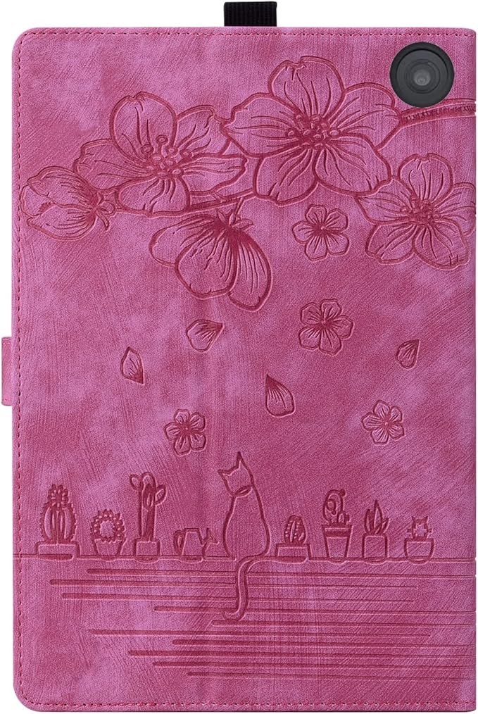 for Amazon Kindle Fire HD 8 &amp Fire HD 8 Plus Case 12th/10th Generation (2024/2022/2020) 8 UUcovers Embossed PU Leather Folio Magneic Cover with Stand/Pencil Holder Cherry Blossom Rose Cat