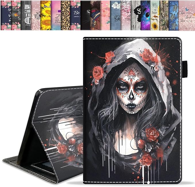 Case for Amazon Kindle Fire HD 8/HD 8 Plus Tablet (12th/10th Generation 2024/2022/2020 Release) Slim Stand Folio Cover with Card Slot &amp Auto Wake/Sleep - Watercolor Sugar Skull Girl Flower