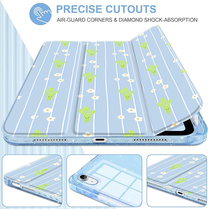 MEEgoodo Case for iPad A16 11th Generation 2025/10th Generation 2022 Glitter Tablet Cases with Transparent Acrylic Back+Trifold Stand +Pencil Holder+Auto Wake/SleepCute &amp Cheerful Asparagus