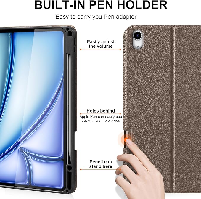 for iPad Air 13 inch Case M4/M3/M2 2026/2025/2024 Premium Leather Protective Cover with Apple Pencil Holder Auto Wake/Sleep Adjustable Stand &amp Multiple Viewing AnglesGray Brown