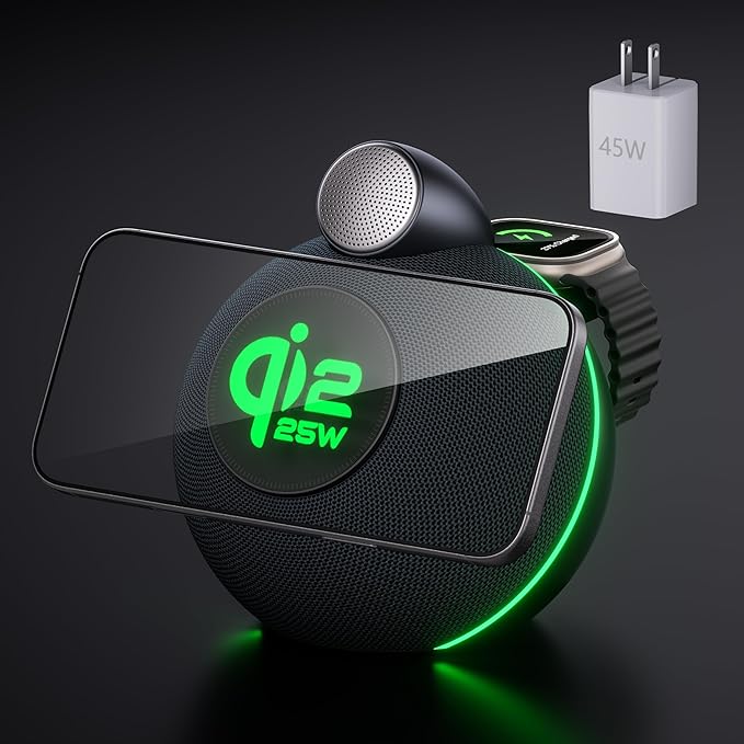 3 in 1 Wireless Charging StationQi2.2 Certified 25W Magnetic Wireless Charger Stand with Speakerfor iPhone 17/16/15/14/13Apple WatchAirPodswith Clear Sound(45W Adapter Included)Cosmic Gray