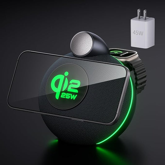 3 in 1 Wireless Charging StationQi2.2 Certified 25W Magnetic Wireless Charger Stand with Speakerfor iPhone 17/16/15/14/13Apple WatchAirPodswith Clear Sound(45W Adapter Included)Cosmic Gray