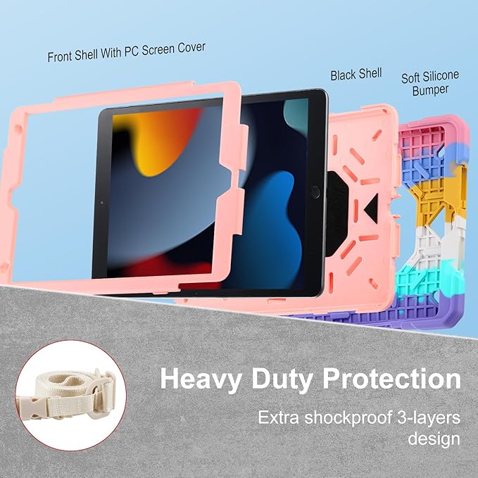 Case for iPad 9th Generation (2021) /iPad 8th Gen (2020)/iPad 7th Gen (2019) Military Grade Shockproof iPad Case Built-in 360°Rotating Stand/Pen Slot/Shoulder Strap for iPad 10.2 (Colorful)
