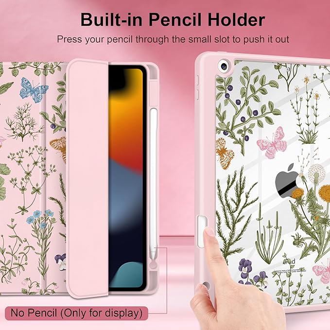 DONGKE for iPad 9th/8th/7th Generation Case 10.2 Inch (2021/2020/2019) [Auto Sleep/Wake &amp Pencil Holder] Clear Acrylic Back Trifold Stand Cover Wildflower &amp Butterfly
