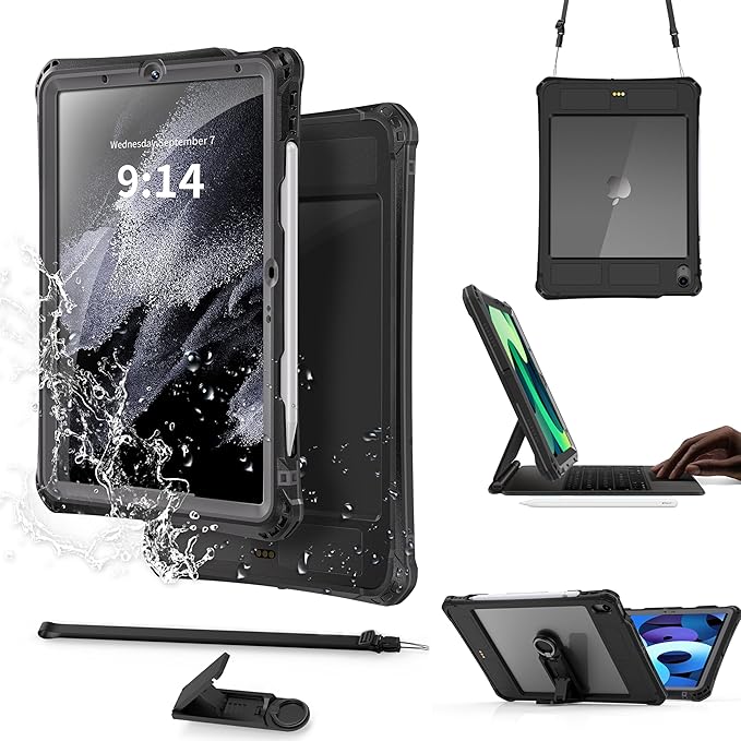 Waterproof Case for iPad Air 11 Inch M2 (2024) / M3 (2025) Full-Body Protective Cover with Built-in Screen Protector 6.6FT Waterproof Shockproof Pencil &amp Keyboard Compatible – Black