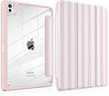 Case for iPad Pro 13 inch (M5) 2025 (M4) 2024 Release with Pencil Holder -Cute Pink White Striped Trifold Cover with Clear Back Auto Sleep/Wake Aesthetic Soft Protective Skin for Girls Women