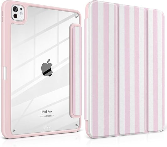 Case for iPad Pro 13 inch (M5) 2025 (M4) 2024 Release with Pencil Holder -Cute Pink White Striped Trifold Cover with Clear Back Auto Sleep/Wake Aesthetic Soft Protective Skin for Girls Women