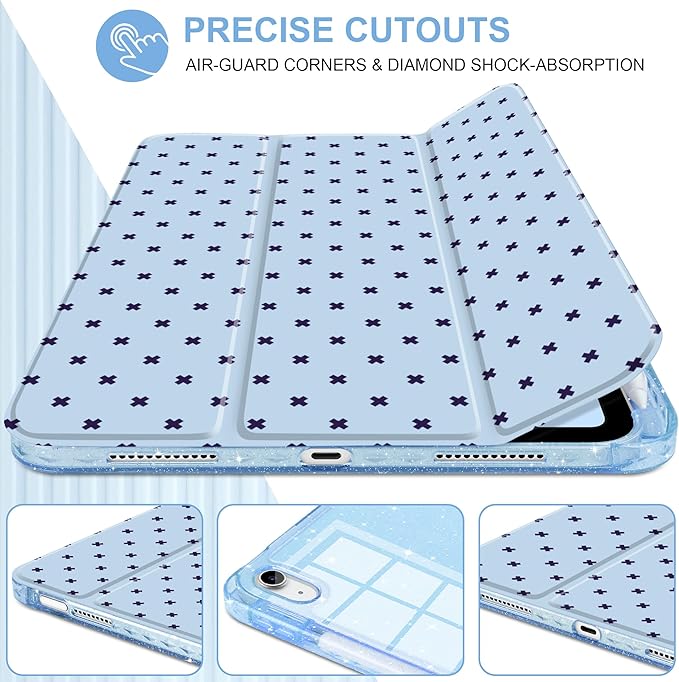 DONGKE for iPad Pro 11 inch Case – Fits M5 2025 / M4 2024 Shockproof Sparkling Glitter Acrylic Back Pencil Holder Trifold Stand Auto Sleep/Wake &amp Touch ID Support - Blue Cross Dot
