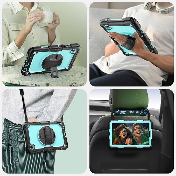 SEYMAC for Samsung Galaxy Tab A9 Case 8.7″ 2023 (SM-X110/X115/X117) Heavy Duty Shockproof Protective Case with Screen Protector Rotating Stand Hand/Shoulder Strap and Pen Holder Light Blue