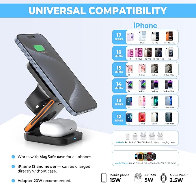 3 in 1 Charging Station for Apple Devices Magnetic Wireless Charger for iPhone 17/16/15/14/13/Air Pro/Max/Plus AirPods and Apple Watch Charging Foldable Travel Charger for Multiple Devices