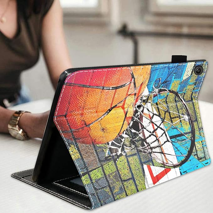 Case for Amazon Kindle Fire HD 10 Tablet 10.1 (9th/7th Generation 2019/2017 Release) Premium PU Leather Stand Cover with Smart Auto Wake Basketball Art Print