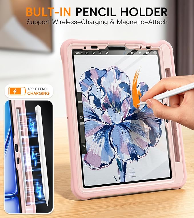 BATYUE Case for iPad Air 11-inch M4(2026)/ M3 (2025) / M2 (2024) iPad Air 5th/4th 10.9 inch(2022/2020) iPad Pro 11 4th/3rd/2nd/1st Cover with Class Screen ProtectorPencil Holder &amp Strap Pink