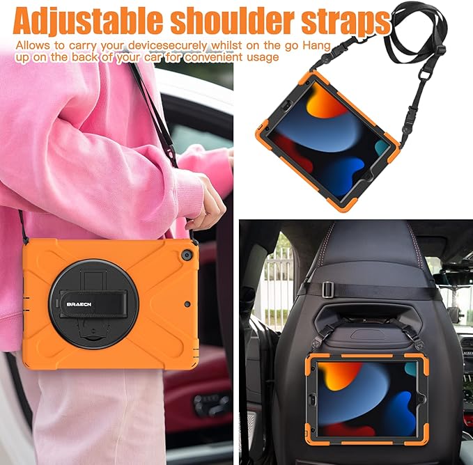 BRAECNstock for Apple iPad 9th/ 8th/ 7th Generation Case 10.2 2021/2020/2019 Shockproof Protective iPad 10.2 inch Kids Case with Screen Protector Rotating Stand+Hand Strap Shoulder Strap Orange