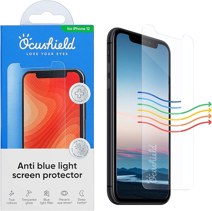 Ocushield Anti Blue Light Tempered Glass Screen Protector for iPhone 12 | iPhone 12 Pro 6.1 - Protect Your Eyes Reduce Migraines &amp Improve Sleep