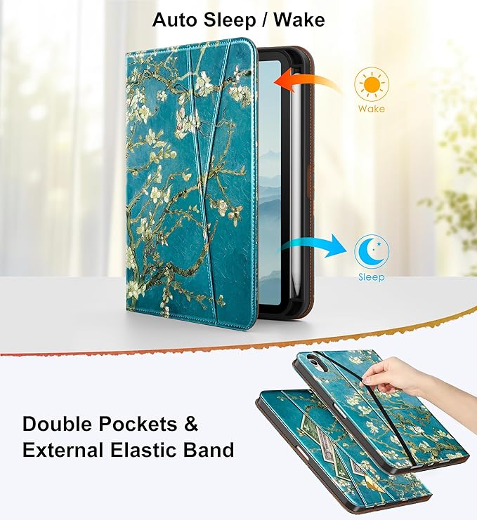 DTTO for iPad mini 7 (A17 Pro) Case iPad mini 7th / 6th Generation Case (2024/2021) 360 Degree Rotating Premium Leather Folio Stand Cover with Pencil Holder Blossom
