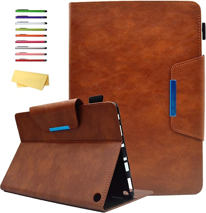 Folio Case for Amazon Kindle Fire HD 8/Fire HD 8 Plus (12th/10th Generation 2024/2022/2020) 8 UUcovers PU Leather Magnetic Smart Cover with Stand/Pencil Holder/Pockets [Auto Sleep/Wake] Brown