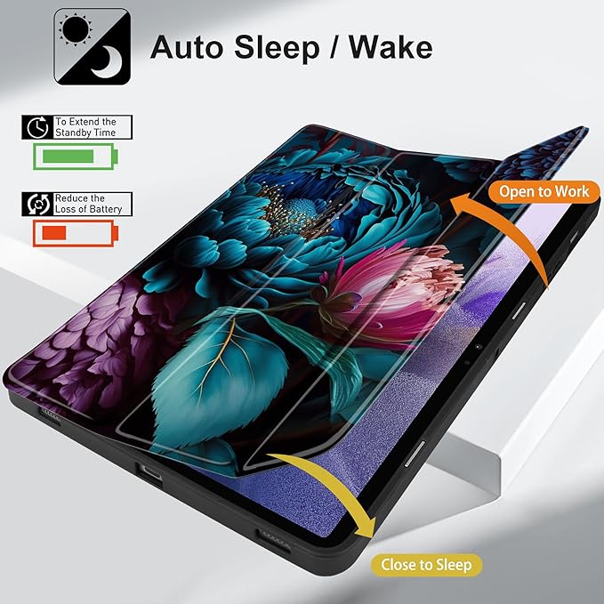MEEgoodo Case for Samsung Galaxy Tab S9/S9 FE 11 inch Cover 2023 with Pen Holder Protective Tablet Cover with Folding Stand + Soft TPU Back Shell + Smart Auto Wake/Sleep Beautiful Fantasy Flower