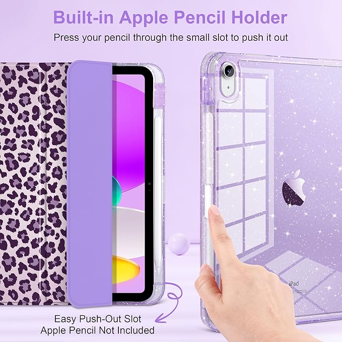 TWOLSKOO Sparkly Case for iPad Pro 11 inch (M5 2025 / M4 2024) Glitter Hard Acrylic Back with Pencil Holder Slim Trifold Stand Folio Cover Auto Sleep/Wake Purple Leopard