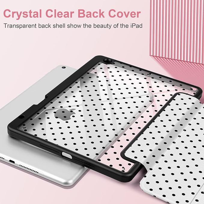 MEEgoodo Case for iPad 10.2 inchTablet Cases for iPad 9th Generation 2021/8th Gen 2020/7th Gen 2019 with Clear Acrylic Back Shell+Pencil Holder+Auto Wake/Sleep+Trifold Stand Poka Dot Black
