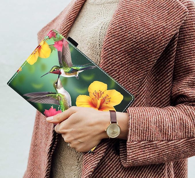 Case for Amazon Kindle Fire 7 Tablet (7 9th/7th Generation 2019/2017 Release) Slim PU Leather Cover with Card Slot &amp Auto Wake/Sleep Hummingbird Flower
