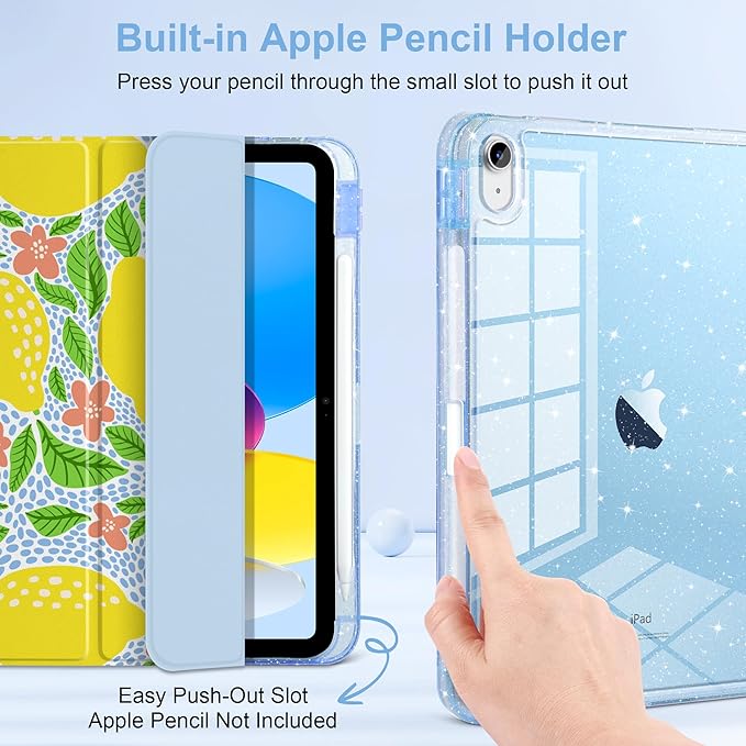 MEEgoodo Case for iPad A16 11th Generation 2025/10th Generation 2022 Glitter Tablet Cases with Transparent Acrylic Back+Trifold Stand +Pencil Holder+Auto Wake/SleepLemon Fruit Pattern