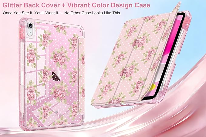 MEEgoodo Case for iPad A16 11th Generation 2025/10th Generation 2022 Glitter Tablet Cases with Transparent Acrylic Back+Trifold Stand +Pencil Holder+Auto Wake/SleepVintage Chic Floral