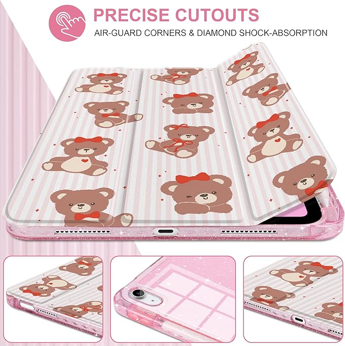 DONGKE for iPad Pro 11 inch Case – Fits M5 2025 / M4 2024 Shockproof Sparkling Glitter Acrylic Back Pencil Holder Trifold Stand Auto Sleep/Wake &amp Touch ID Support - Lovely Bears