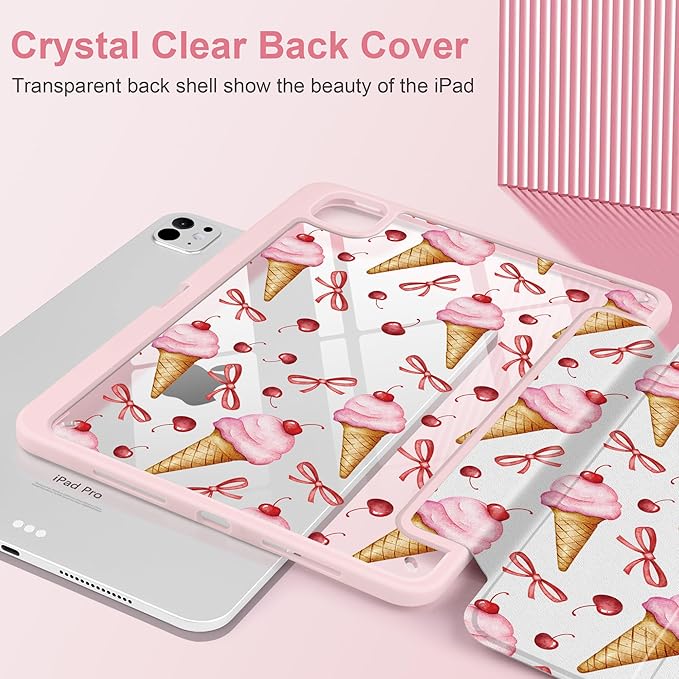 TWOLSKOO Case for iPad Pro 11-inch (M5 2025 / M4 2024) Clear Acrylic Back with TPU Bumper Pencil Holder Trifold Stand Auto Sleep/Wake Ice Cream &amp Bows