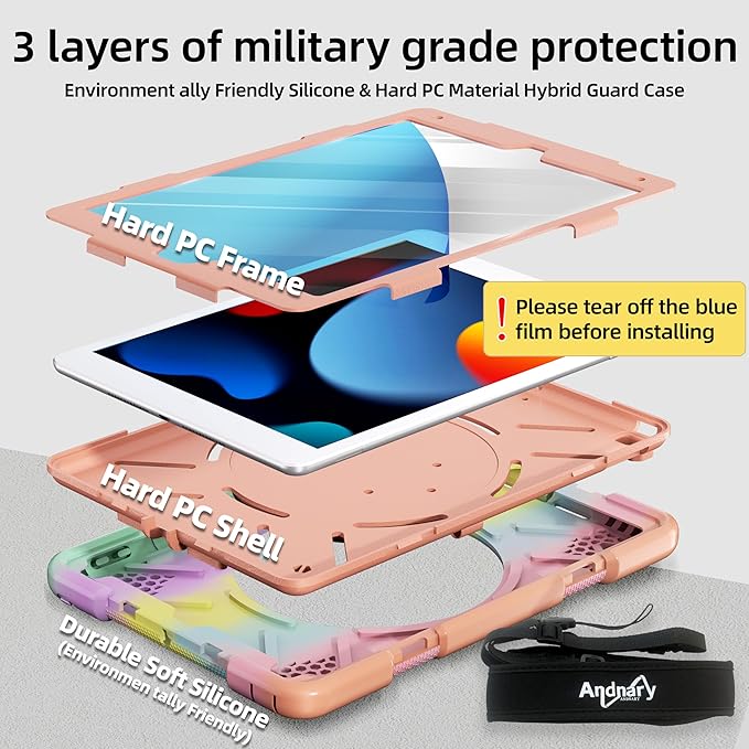 Case for iPad 9th/8th/7th Generation 10.2 inch Shockproof Cover with Screen Protector/360° Rotating Handle/Bracket/Pen Holder/Shoulder Strap Kids Case for iPad 2021/2020/2019 (Colorful Pink)