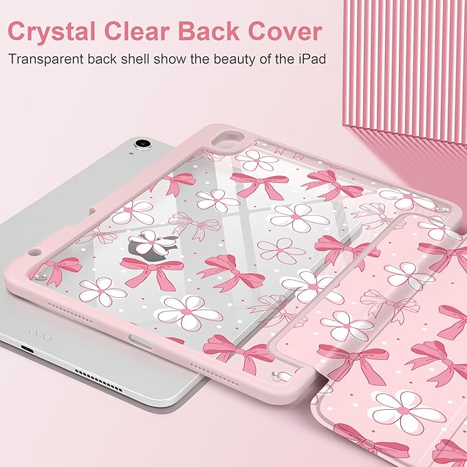 DONGKE Case for iPad Air 11-inch M4 2026 &amp M3 2025 &amp M2 2024 iPad Air 5th/4th Generation 10.9 2022/2020 [Built-in Pencil Holder] Clear Acrylic Back Trifold Stand Smart Cover Bow &amp Dais