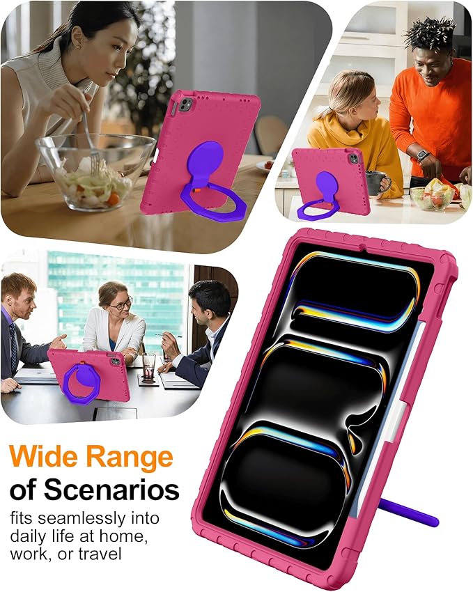 for iPad Air 13 Inch Case (M4 2026 / M3 2025 / M2 2024) Heavy Duty EVA Protective Cover with Magnetic Charging Pencil Holder 360° Rotating Stand for Kids Work &amp Travel Rose Red