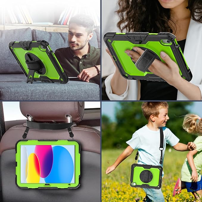 BLOSOMEET Case for iPad A16 11th/10th Generation 11''/10.9'' 2025/2022 with Tempered Glass Screen Protector &amp Pencil Holder Rugged Military Grade Cover w/Stand Hand Shoulder Strap Green