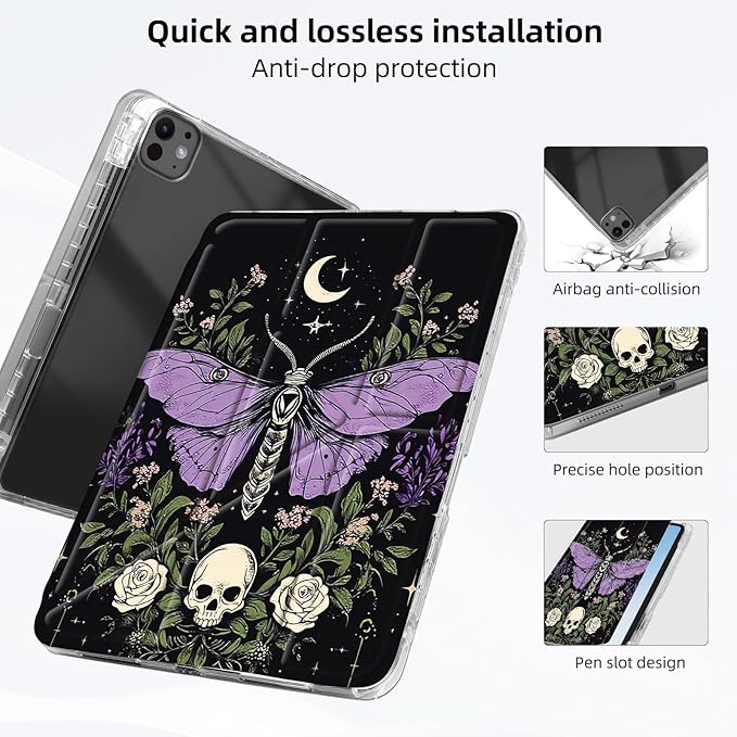 for iPad Pro 11 2024 Case with Pencil Holder Foldable Y-Shaped Protective Cover Stylish Clear Multi-Angle Viewing &amp Auto Sleep/Wake Moth &amp Crescent Tablet Case