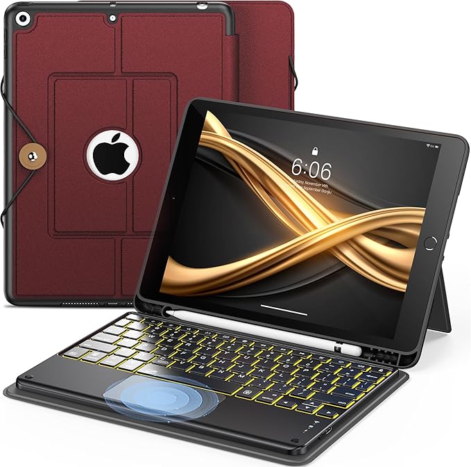 INFILAND Keyboard Case for iPad 9th/8th/7th Generation 10.2 Inch 7-Color Backlight &amp High Precision Trackpad Slim Detachable Folder Style Keyboard Case with Pencil Holder (02-Burgundy)