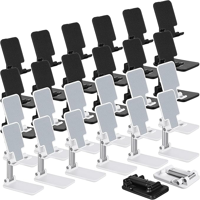24 Pcs Cell Phone Stand Desk Table Adjustable Angle Height Phone Stand Foldable Portable Mobile Holder Silicone Pad Smartphone Tablet Holder Bulk for Office Travel Filming (WhiteBlack)