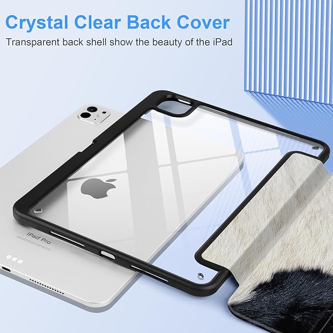 TWOLSKOO Case for iPad Pro 11-inch (M5 2025 / M4 2024) Clear Acrylic Back with TPU Bumper Pencil Holder Trifold Stand Auto Sleep/Wake Cow Print