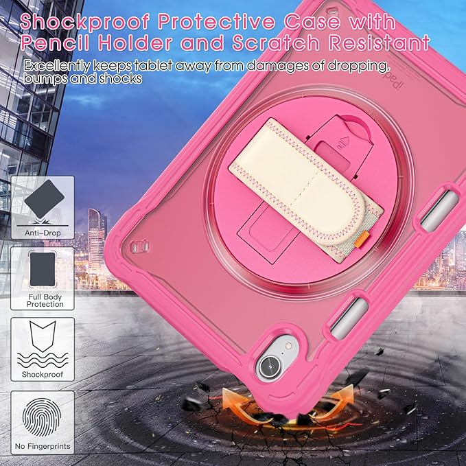 BRAECNstock Case for iPad mini 7 (A17 pro) 2024 &amp Mini 6 2021 8.3-inchShockproof Protective Cover with Pencil HolderScreen Protector360° Rotating Hand Strap/Stand-Rose Red