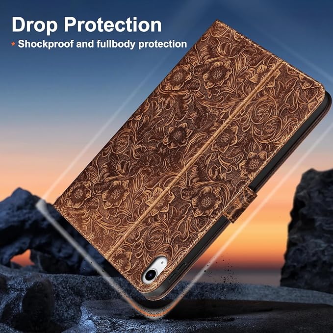 Gexmil Leather Case for iPad (A16) 11th Generation 11 Inch 2025 iPad 10th Generation 10.9 Inch 2022Protective Cover with Magnetic ClosureAuto Sleep/WakeFloral Brown