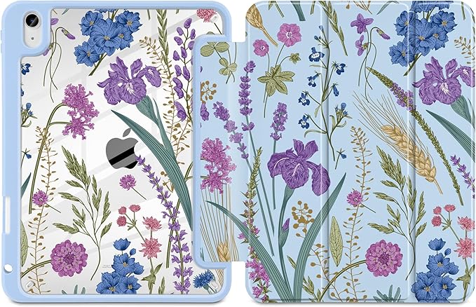 DONGKE Case for iPad (A16) 11th Generation 11 inch 2025 &amp iPad 10th Gen 10.9 inch 2022 [Built-in Pencil Holder] Clear Acrylic Back Trifold Stand Smart Cover Auto Sleep/Wake Blue Wildflower