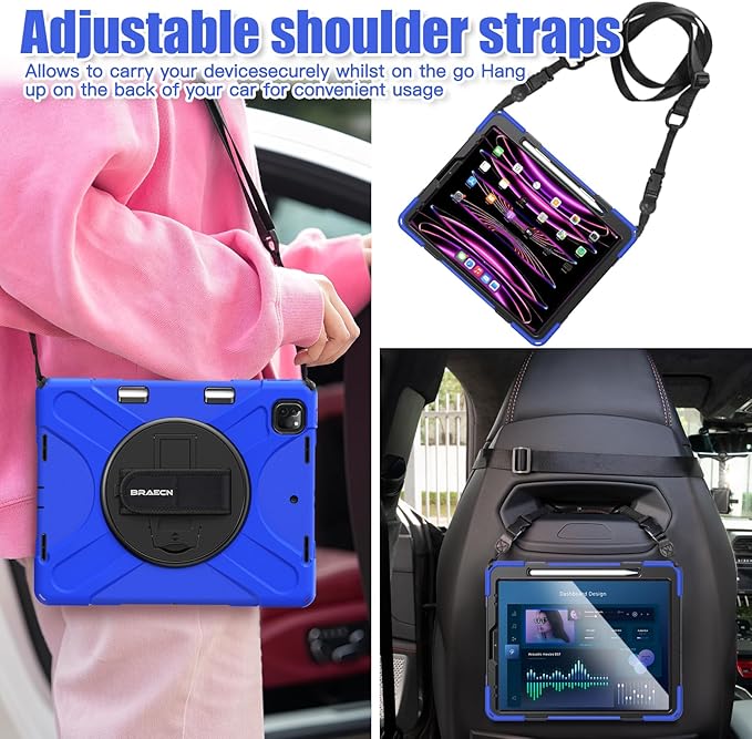 BRAECNstock Case for Apple iPad Air 13 inch (M4/M3/M2)/ iPad Pro 12.9 inch 6th/5th/4th/3rd Gen Shockproof Protective Kids Case with Pencil Holder 360° Rotating Stand&ampHand Strap Shoulder Strap